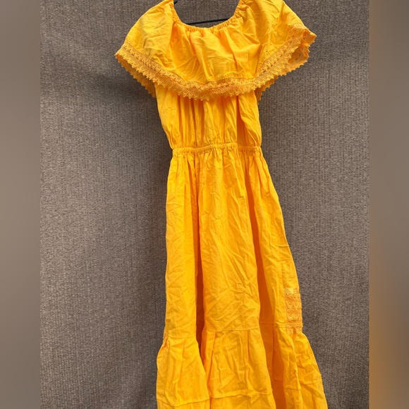 Vintage yellow embroidered dress Mexican American off shoulder boho Sz L - Picture 11 of 15